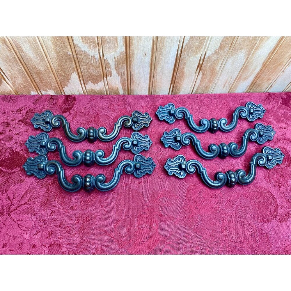 Vtg Large Ornate Brass Drawer Pulls Set Of 6 6" Wide Antique Furniture Hardware
